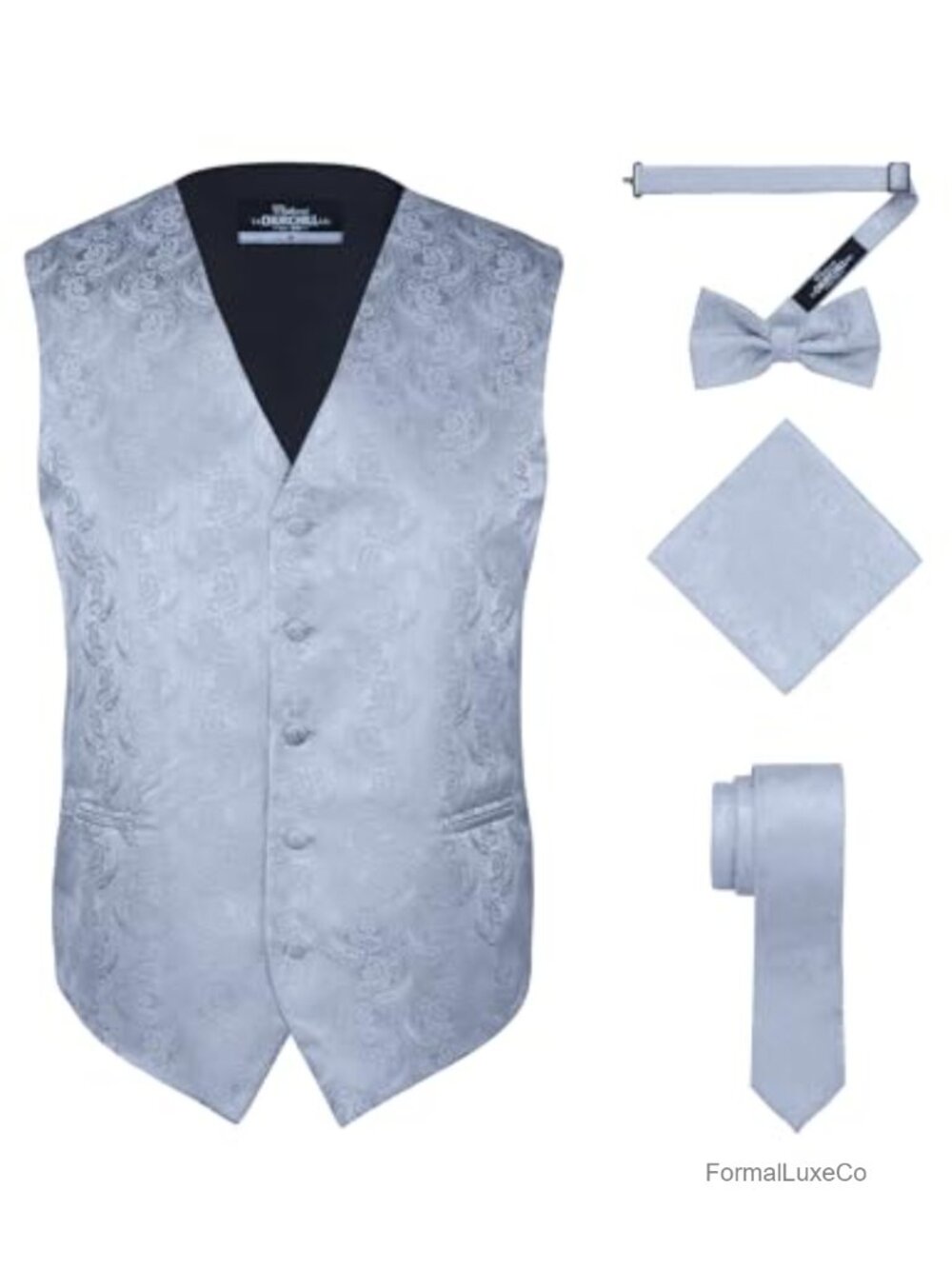 Mens Paisley Vest Set Satin Bow Tie Necktie Pocket Square Formal Tuxedo